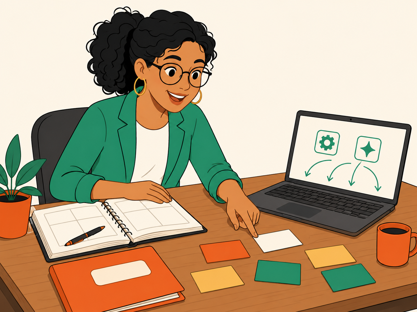 Escritorio docente con carpeta Asistente Docente IA, libreta y tarjetas de planeación conectadas a iconos de IA