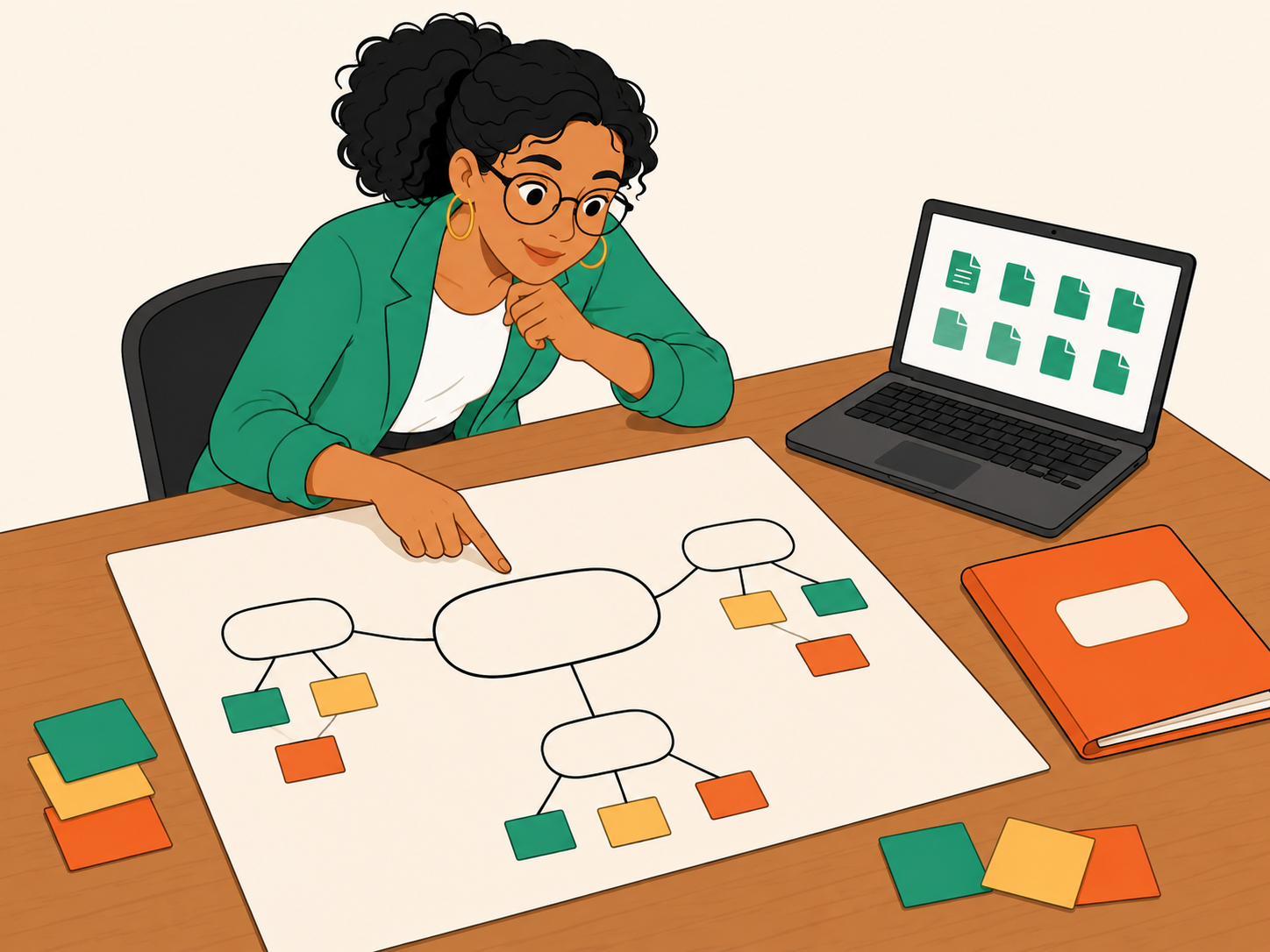 Mesa de trabajo docente con laptop, cuaderno Asistente Docente IA y notas de planeación, evaluación e investigación