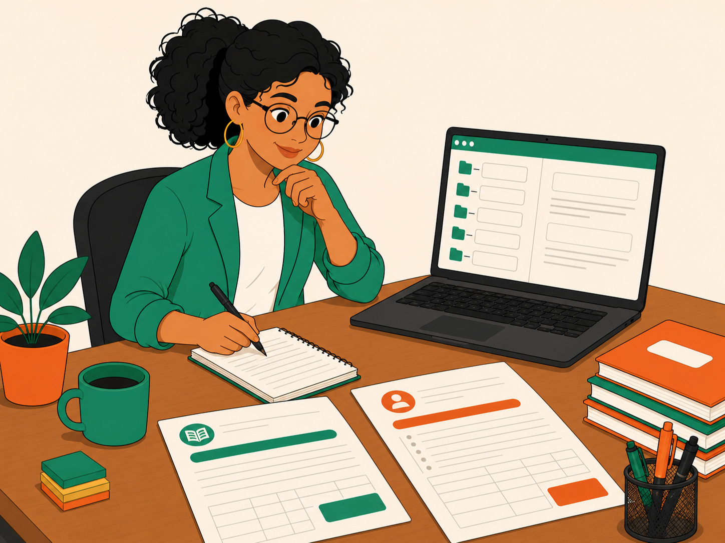 Docente diseñando prompts en la computadora con archivos de planeación y documentos curriculares impresos