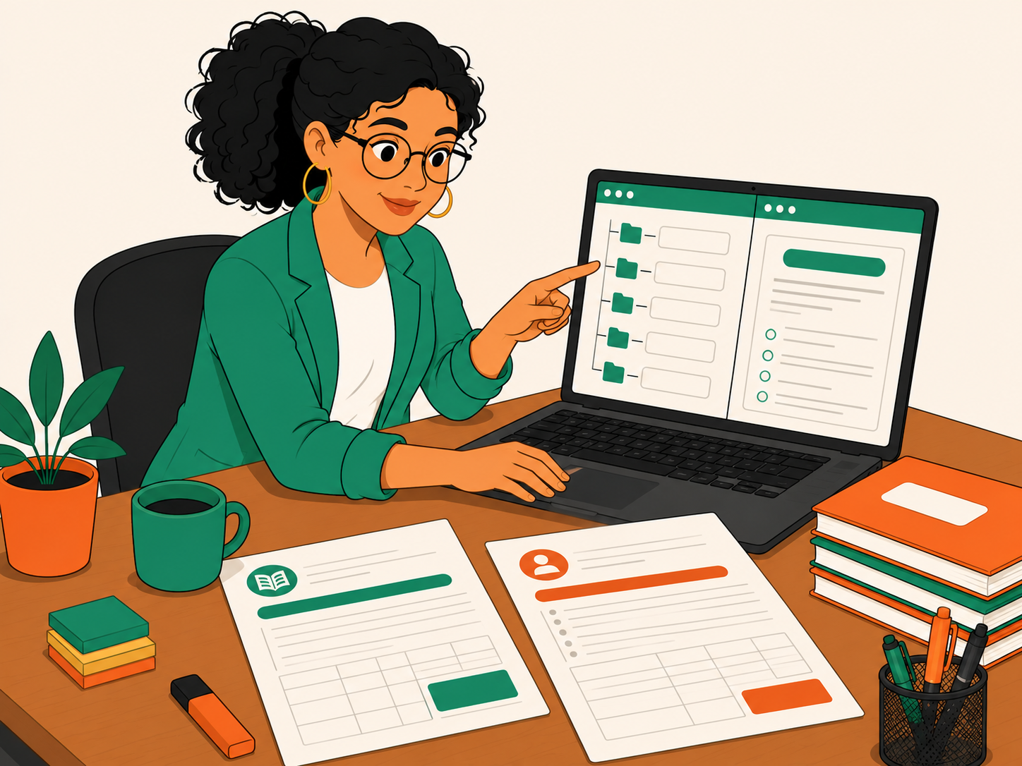Docente frente a la computadora organizando planeaciones didácticas con el Programa Sintético y el Plan de Estudios