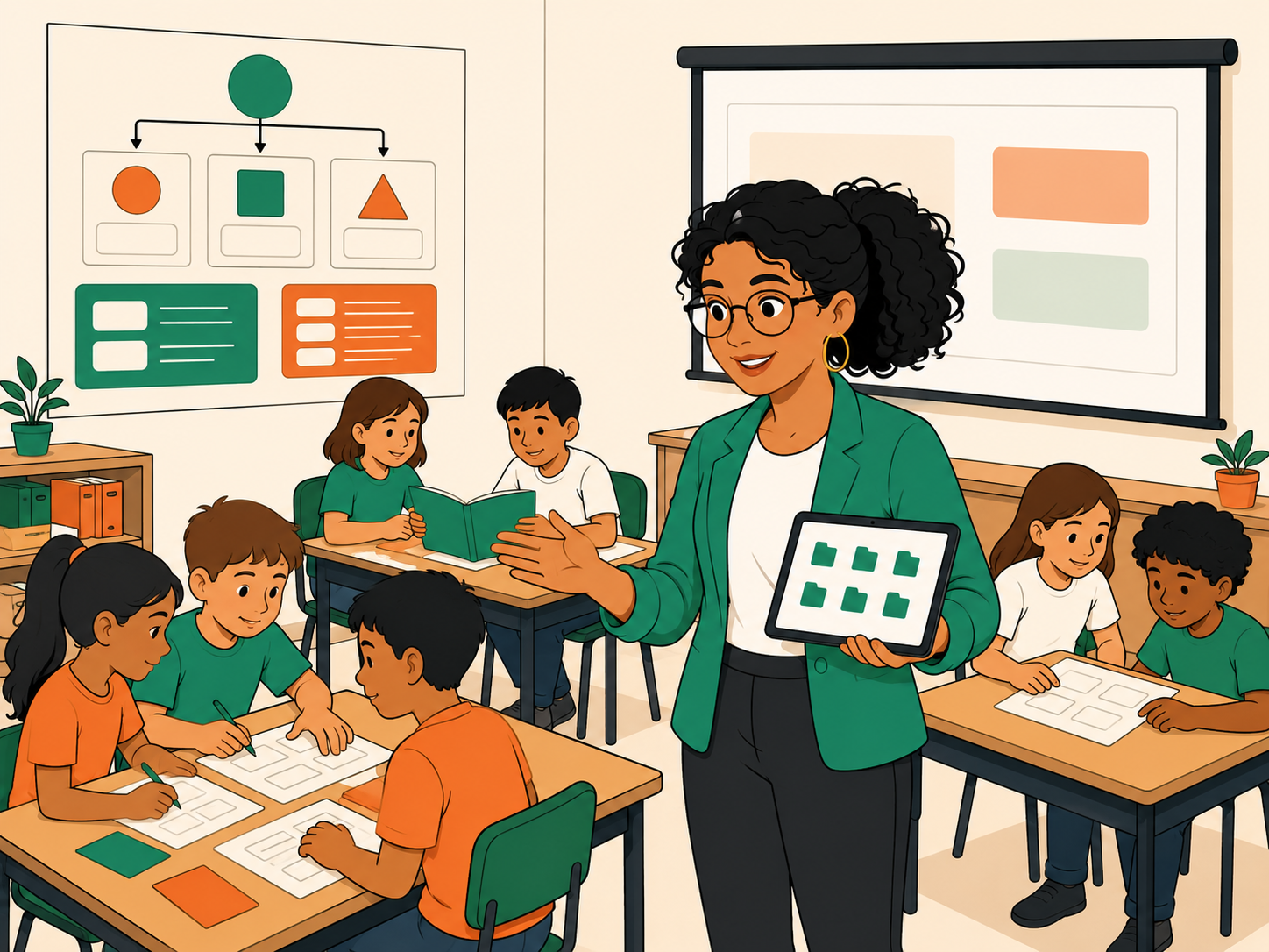 Aula con estudiantes usando fichas, cuadernillos e infografías mientras el docente consulta su catálogo digital de materiales
