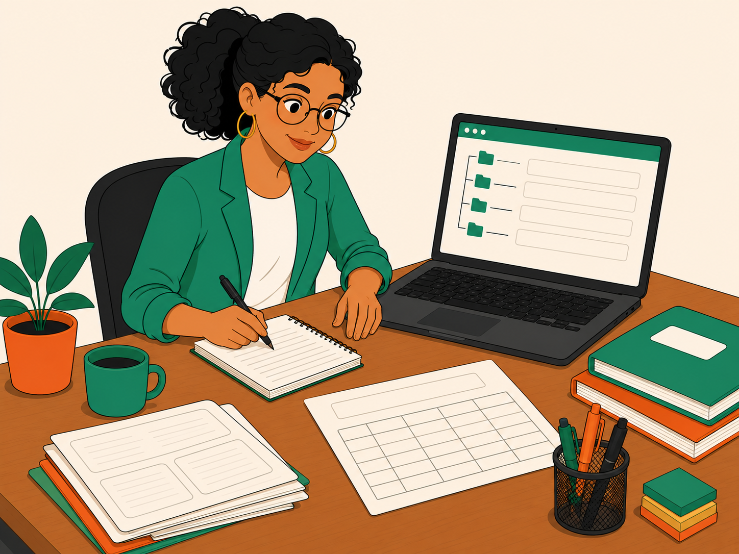 Docente evaluando trabajos con rúbricas, listas de cotejo y retroalimentación apoyada por IA en la laptop