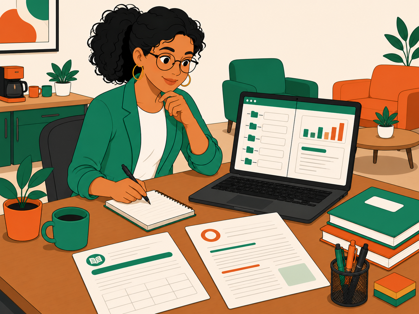 Docente en la sala de profesores analizando artículos, datos e investigación educativa con apoyo de IA