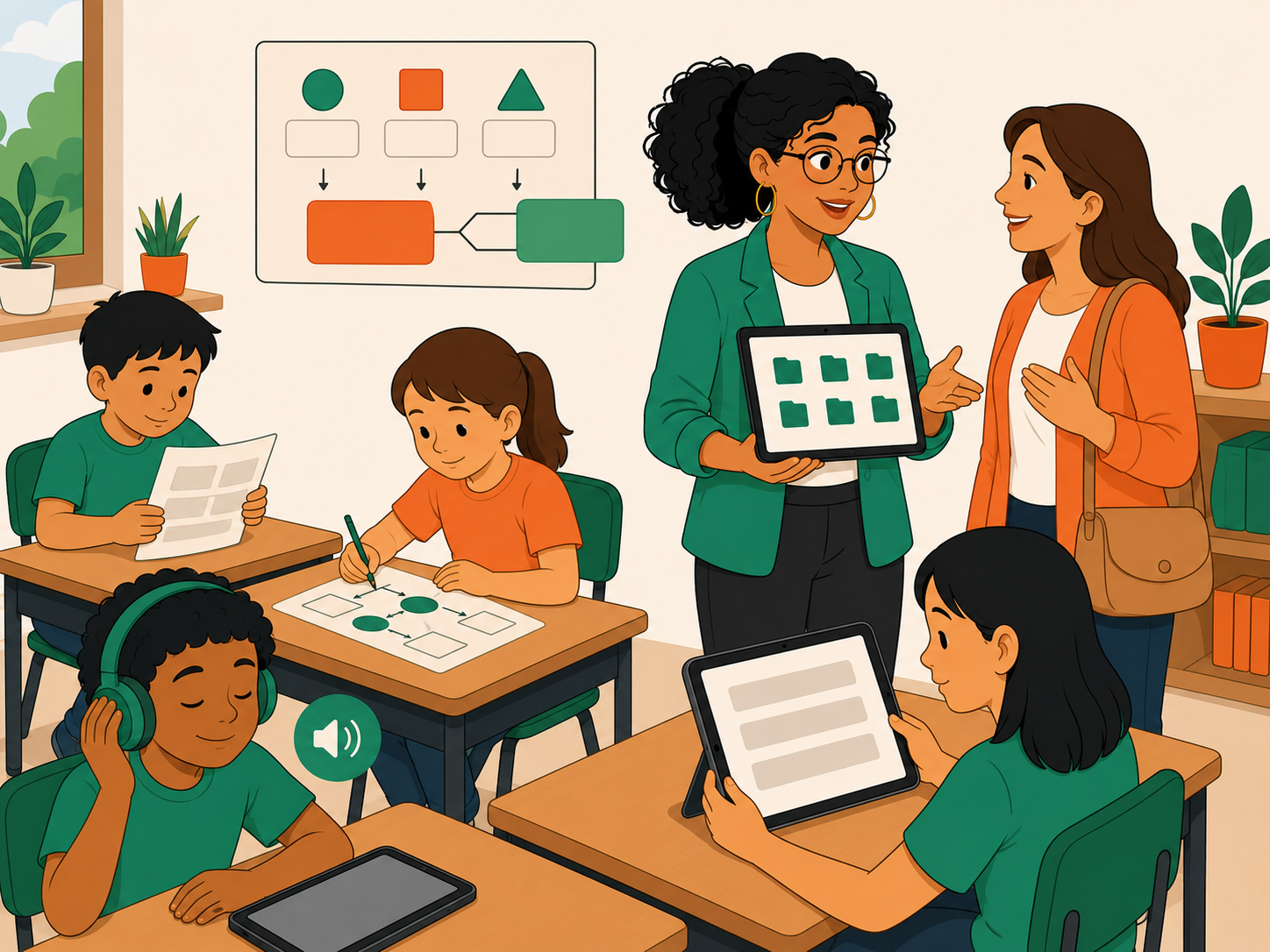 Aula inclusiva con estudiantes usando distintos apoyos mientras el docente conversa con una madre sobre adecuaciones