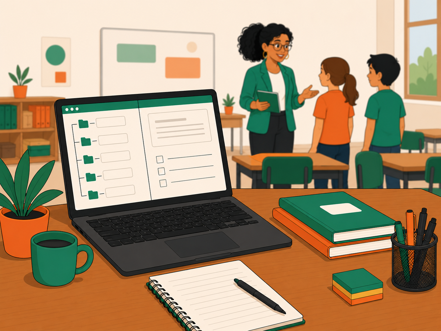Escritorio docente con carpetas de productividad y borradores generados con IA, con el aula al fondo