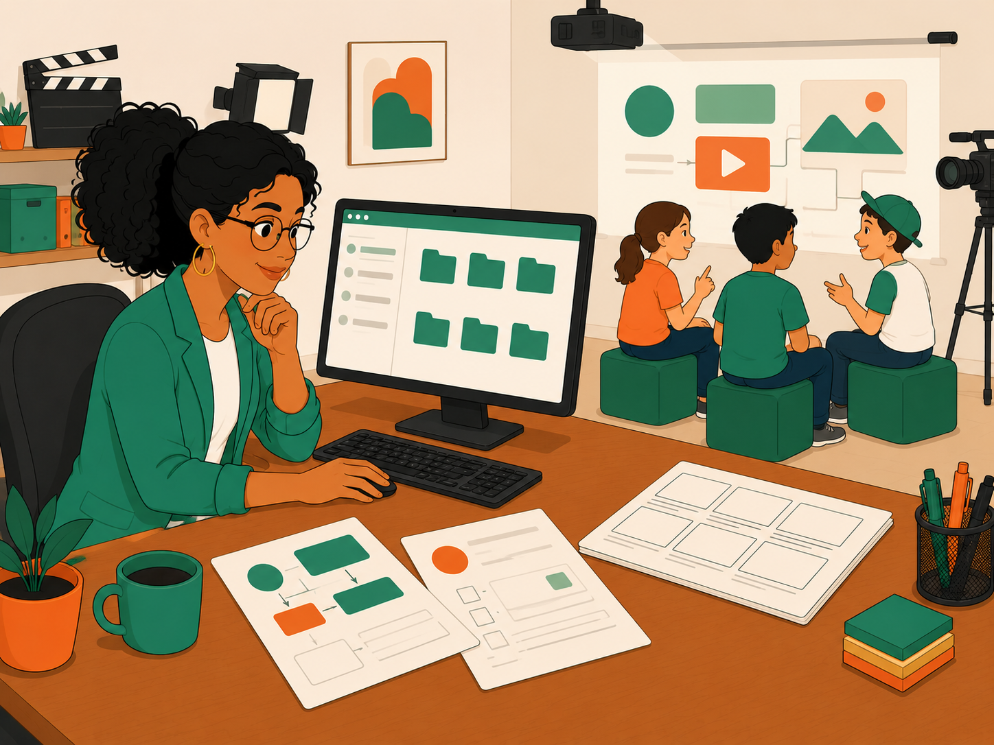 Docente en sala de medios revisando su banco multimedia mientras estudiantes observan una infografía proyectada